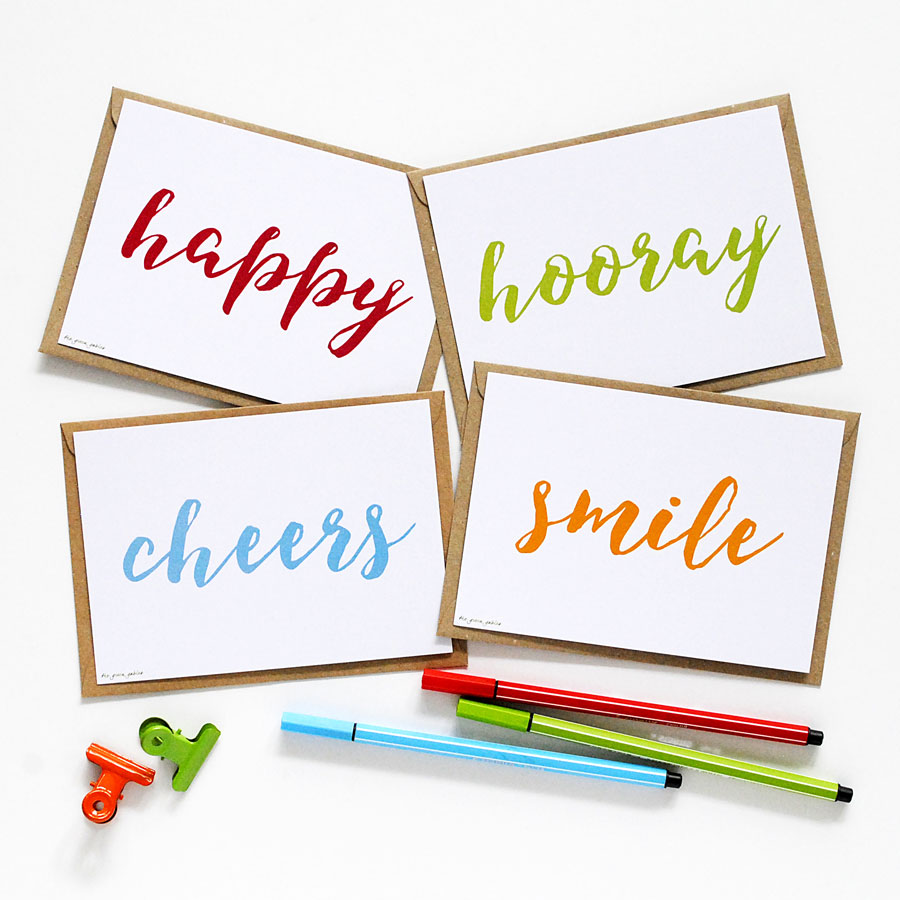 Set of Four Calligraphy Happy Postcards